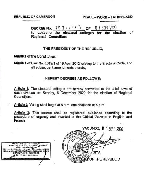 BREAKING NEWS! PRESIDENT PAUL BIYA SETS DATE FOR REGIONAL ELECTIONS